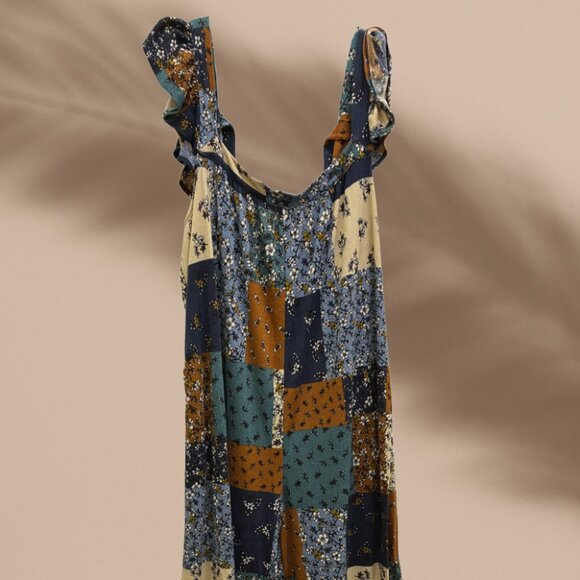 5-1121 *boutique* PLUS Patchwork Ruffle Sleeve Wide Leg Jumpsuit - Picture 2 of 13